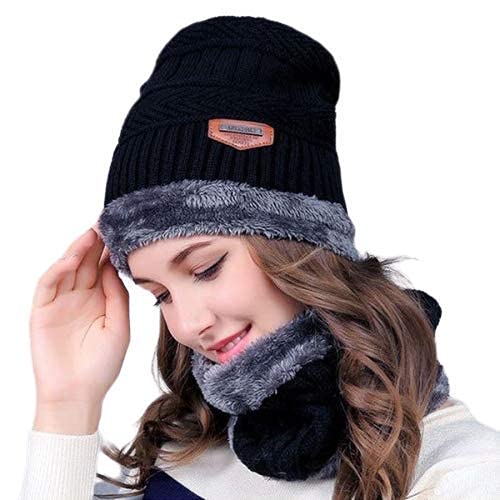 Head & Neck Cap Beanies Combo - woolen winter beanie cap with neck warmer muffler for men and women (Black)