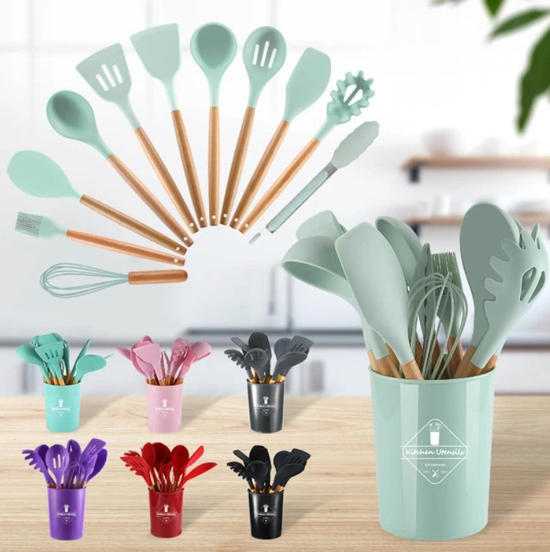 12 Pcs Silicone Cooking Utensils Kitchen Utensil Set | Heat Resistant Kitchen Non toxic Spatula Set with Turner Tongs,Spoon,Brush,Whisk-Wooden Handle - Random Color