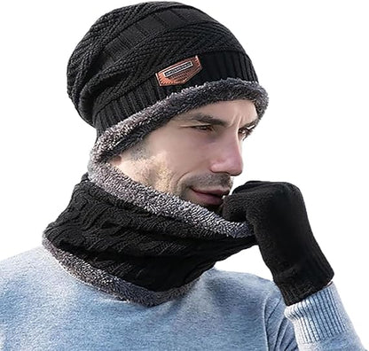 Head & Neck Cap Beanies Combo - woolen winter beanie cap with neck warmer muffler for men and women (Black)