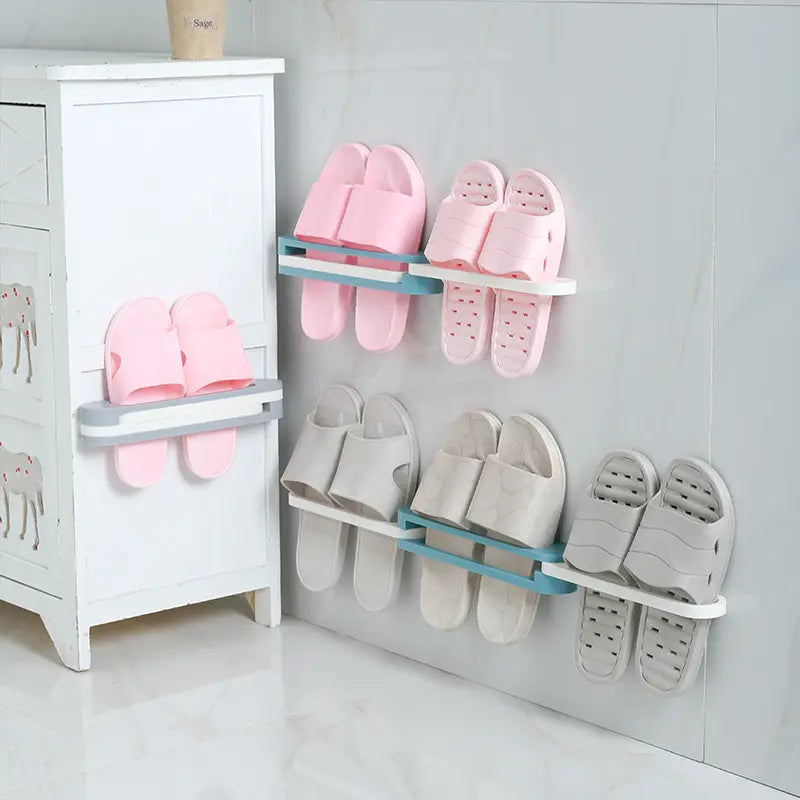 3 In 1 Shoes Rack Wall Mounted Folding Slippers Shoes Bathroom Towel Hanger Organizer Rack in House Shoes Stand Hanging Shelf Rack Holder for Multipurpose use(random color)