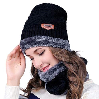 Head & Neck Cap Beanies Combo - woolen winter beanie cap with neck warmer muffler for men and women (Black)